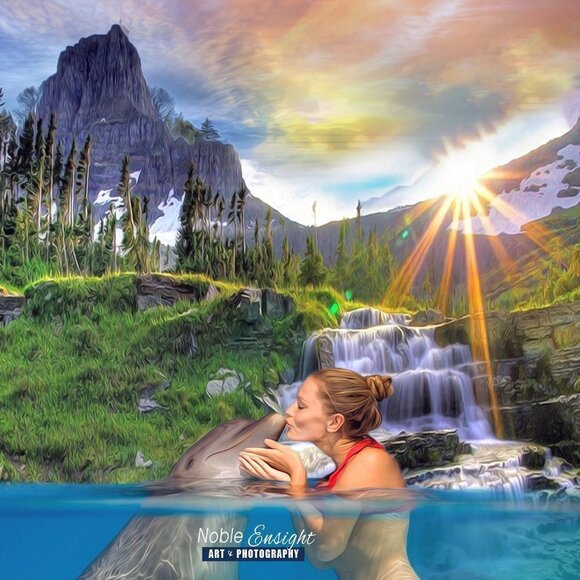 16x20 Kissing Dolphin Sunset Waterfall Majestic Watercolor Oil Painting Print - Picture 5 of 7